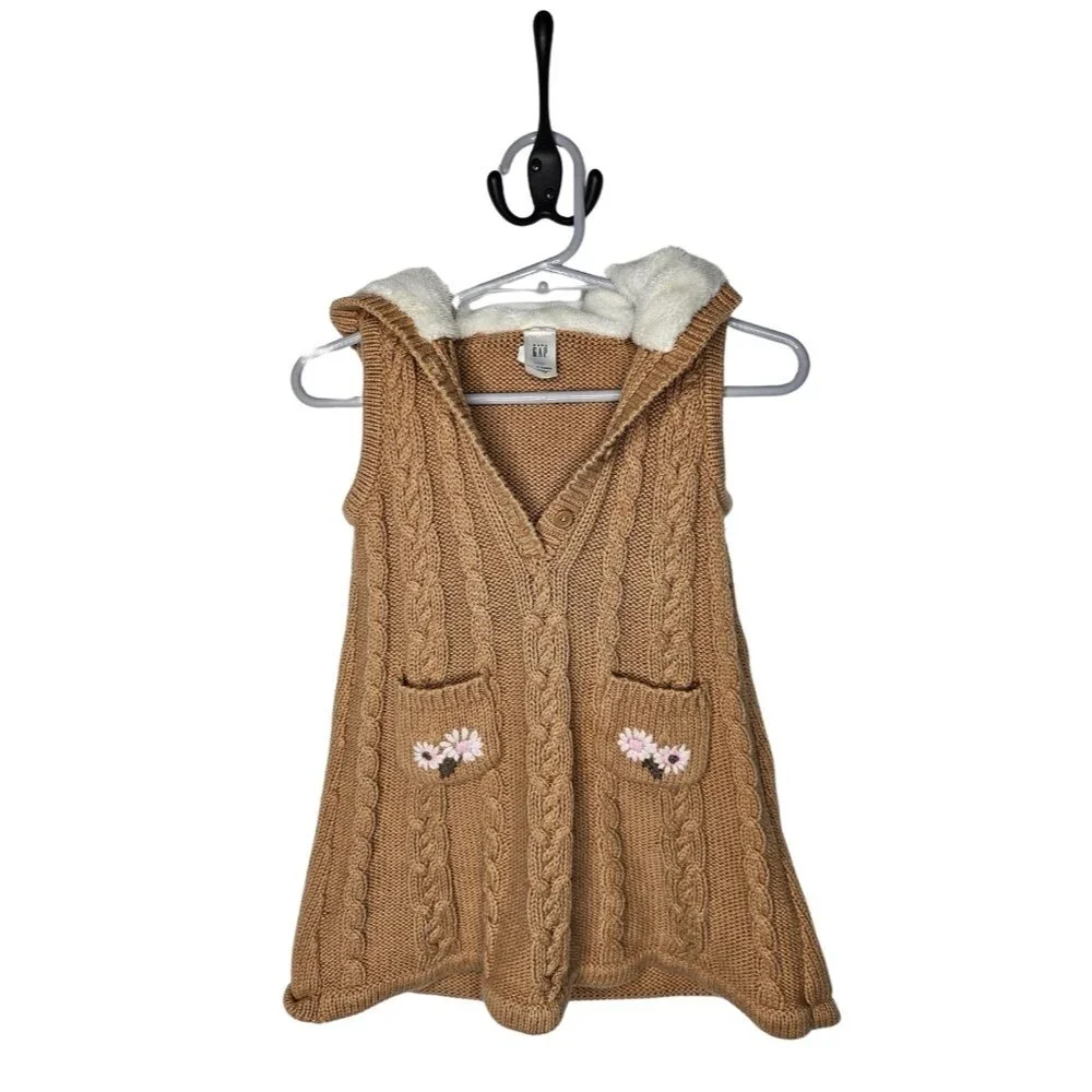 Baby Gap Embroidered Cable Knit Pop Over Sweater Dress Faux Fur Sz 12-18 Months